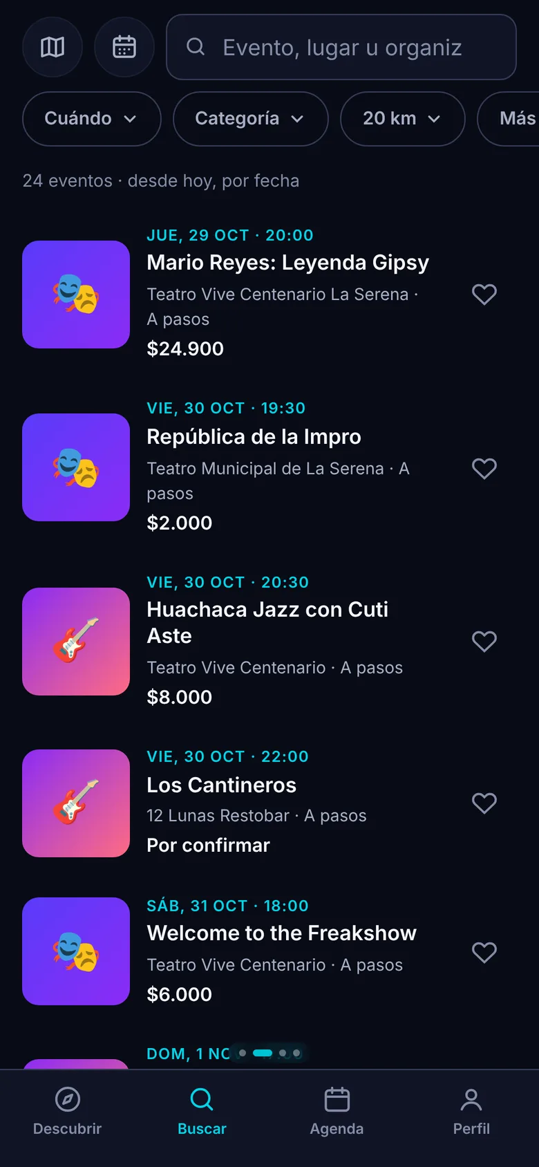 Buscador de Panoramik con eventos ordenados por fecha y su precio