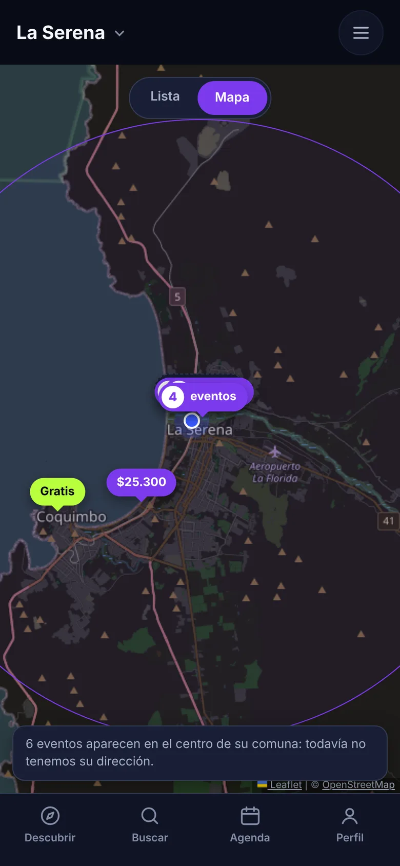 Mapa de Panoramik con eventos en La Serena y Coquimbo y sus precios